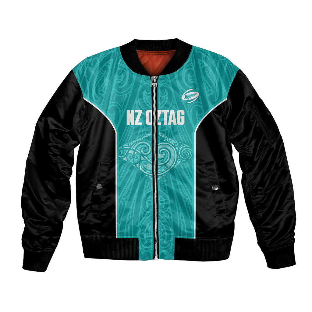 Custom New Zealand Stingray Oztag Sleeve Zip Bomber Jacket Tag Rugby Maori Pattern Teal Version LT14 Unisex Teal - Polynesian Pride