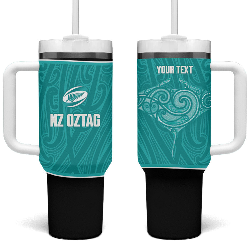 Custom New Zealand Stingray Oztag Tumbler With Handle Tag Rugby Maori Pattern Teal Version LT14 One Size: 40 oz Teal - Polynesian Pride