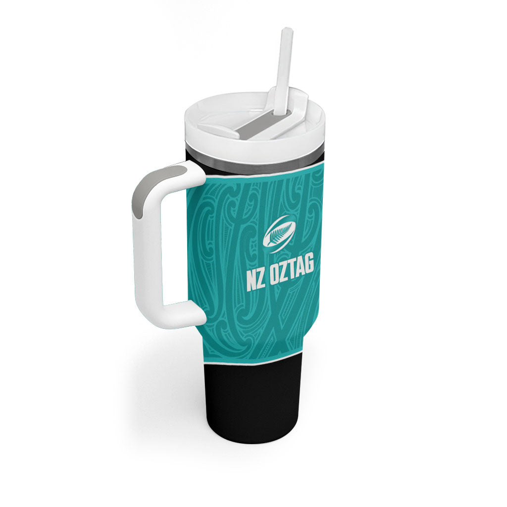 Custom New Zealand Stingray Oztag Tumbler With Handle Tag Rugby Maori Pattern Teal Version LT14 - Polynesian Pride