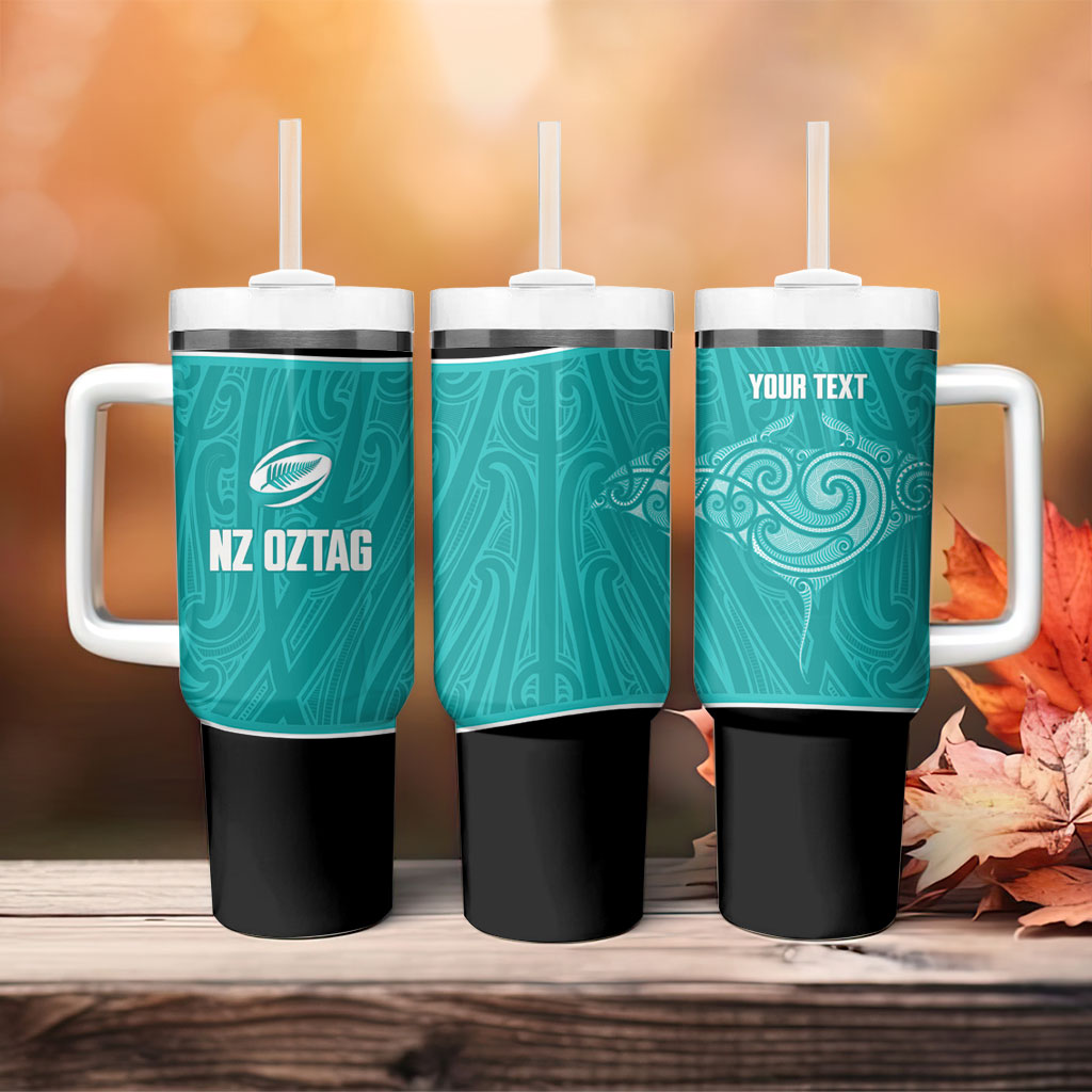 Custom New Zealand Stingray Oztag Tumbler With Handle Tag Rugby Maori Pattern Teal Version LT14 - Polynesian Pride
