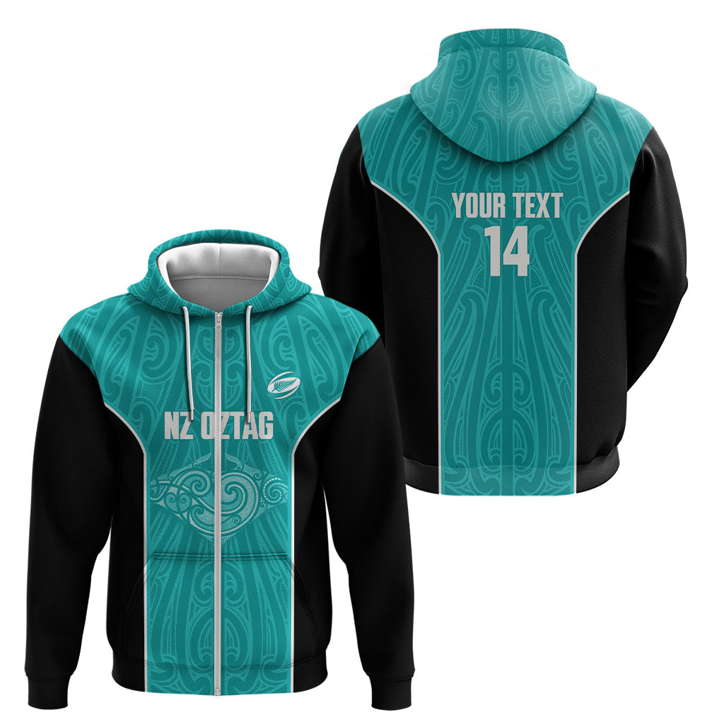 Custom New Zealand Stingray Oztag Zip Hoodie Tag Rugby Maori Pattern Teal Version LT14 - Polynesian Pride
