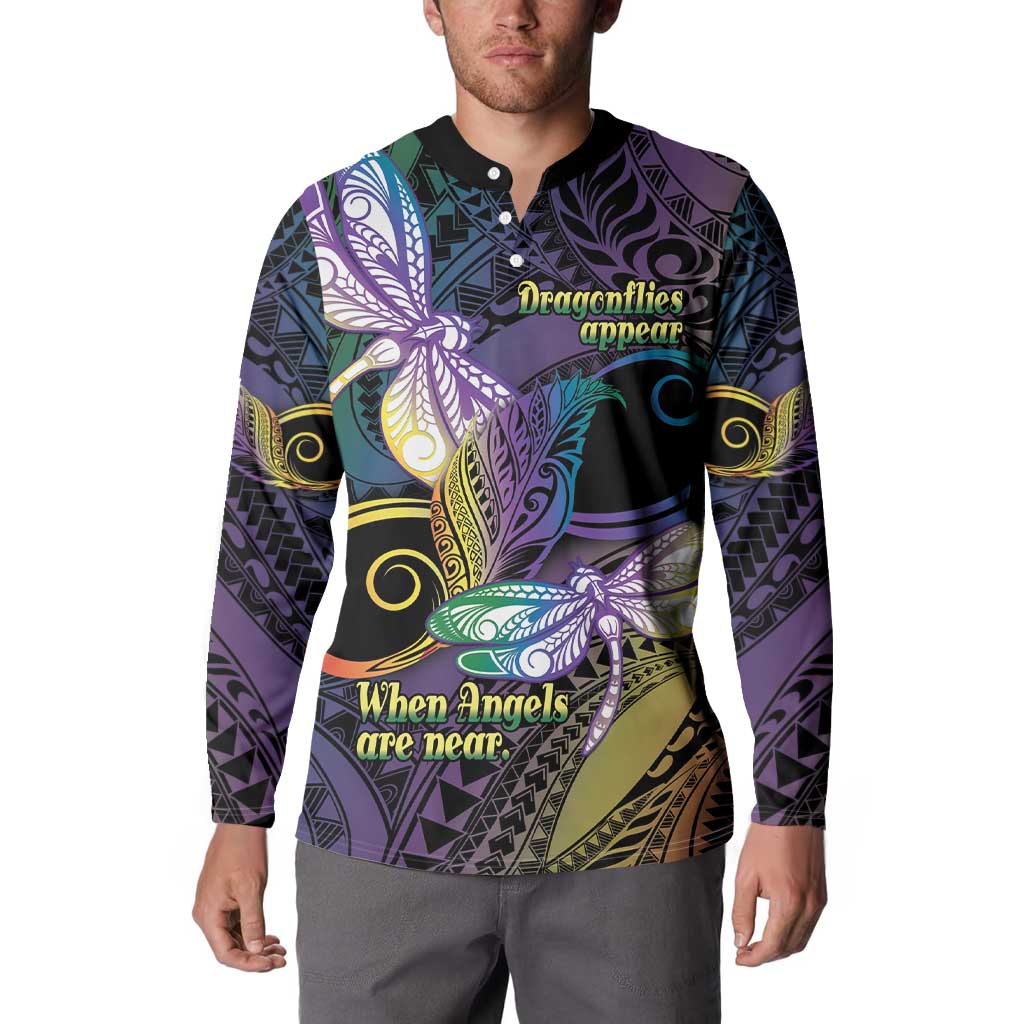 Personalized Polynesian Memorial Button Sweatshirt Dragonflies Appear When Angels Are Near