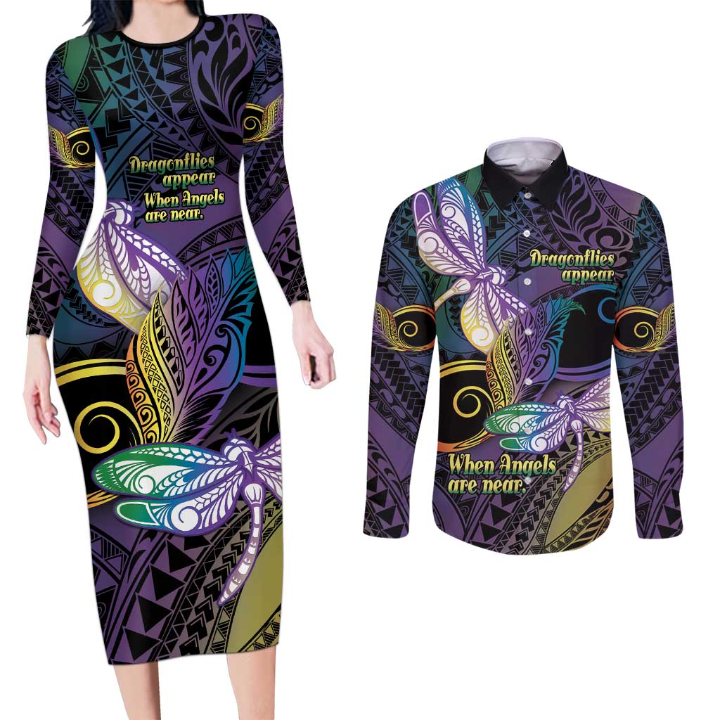 Personalized Polynesian Memorial Couples Matching Long Sleeve Bodycon Dress and Long Sleeve Button Shirt Dragonflies Appear When Angels Are Near