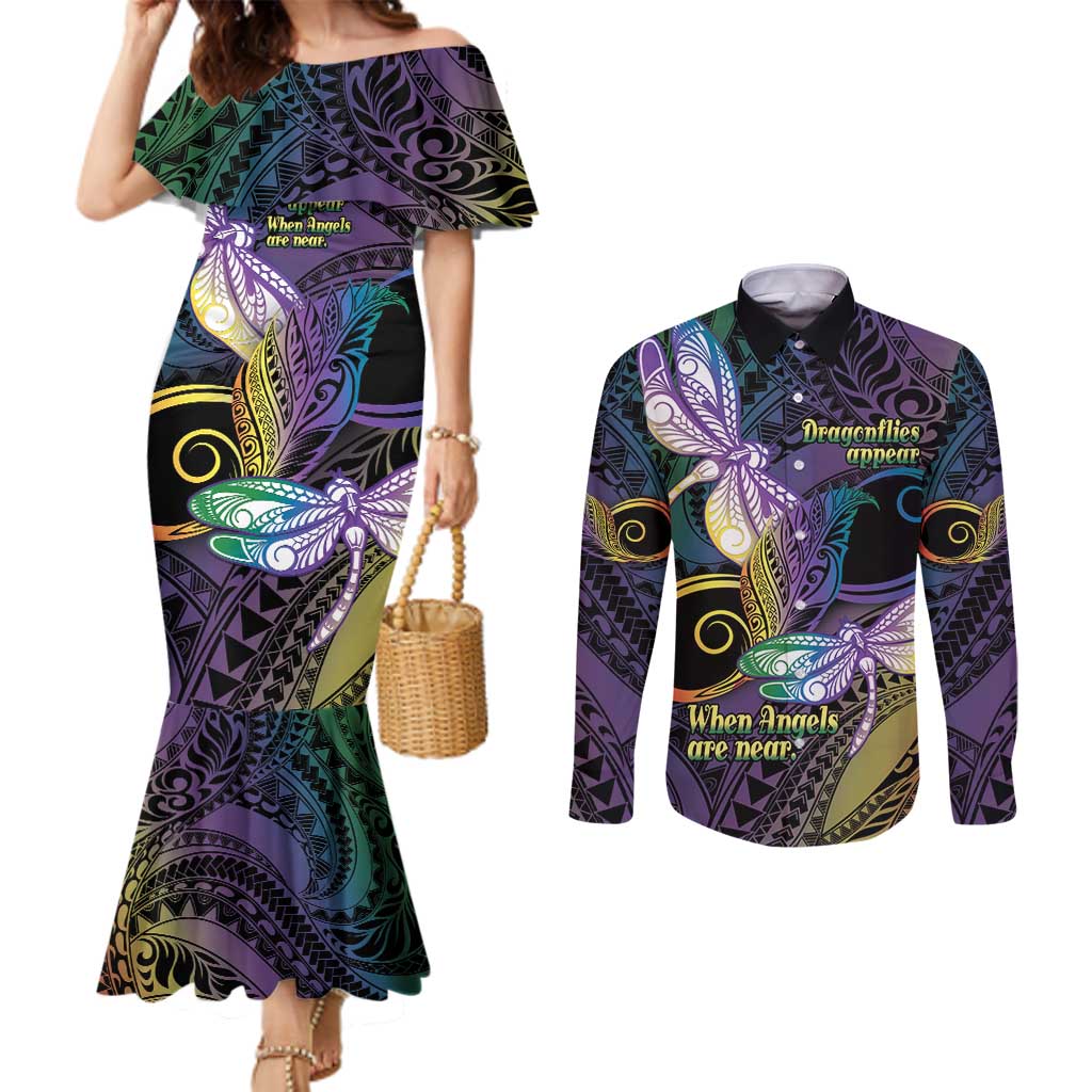 Personalized Polynesian Memorial Couples Matching Mermaid Dress and Long Sleeve Button Shirt Dragonflies Appear When Angels Are Near