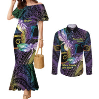 Personalized Polynesian Memorial Couples Matching Mermaid Dress and Long Sleeve Button Shirt Dragonflies Appear When Angels Are Near