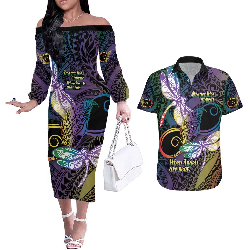 Personalized Polynesian Memorial Couples Matching Off The Shoulder Long Sleeve Dress and Hawaiian Shirt Dragonflies Appear When Angels Are Near LT14 Colorful - Polynesian Pride