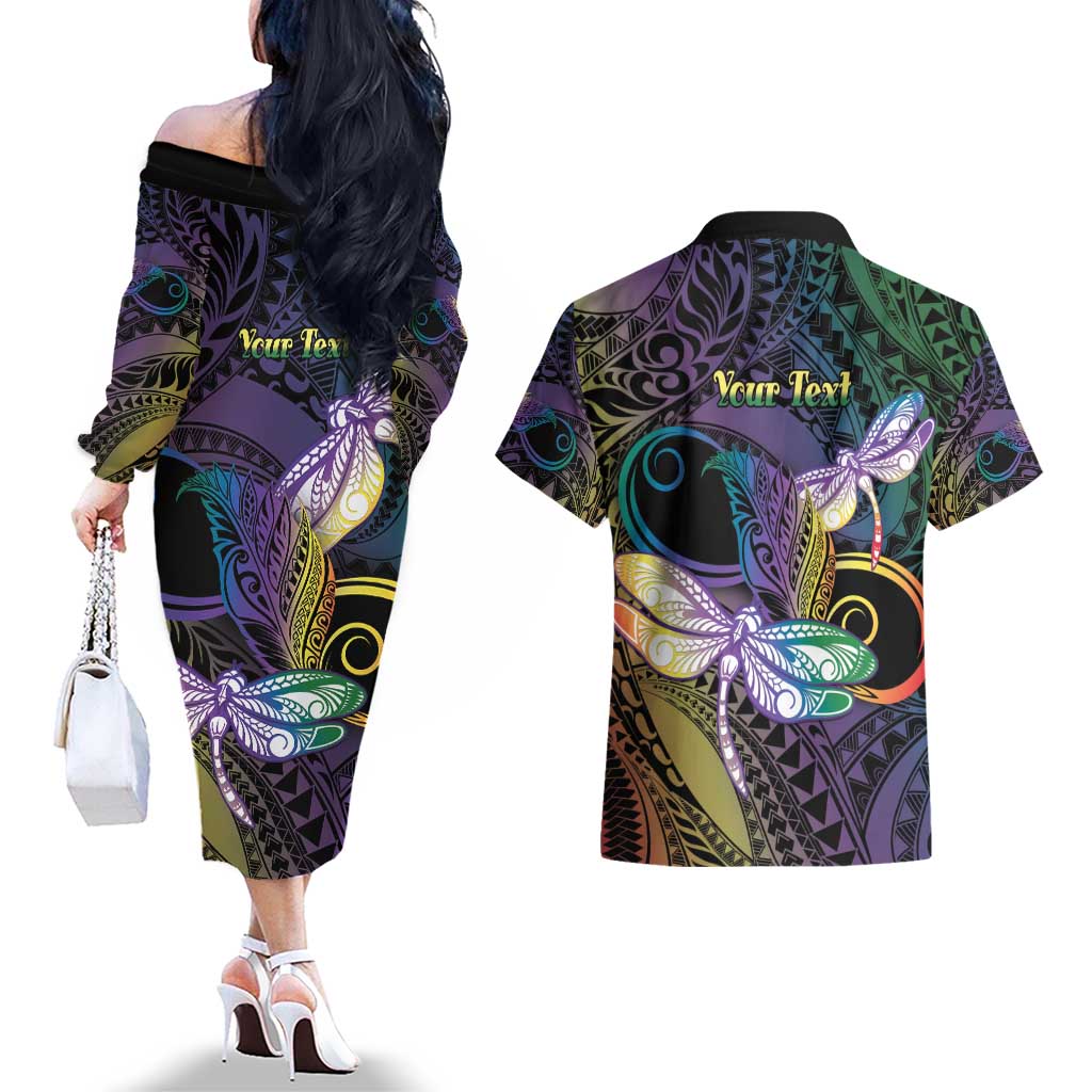 Personalized Polynesian Memorial Couples Matching Off The Shoulder Long Sleeve Dress and Hawaiian Shirt Dragonflies Appear When Angels Are Near LT14 - Polynesian Pride