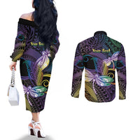 Personalized Polynesian Memorial Couples Matching Off The Shoulder Long Sleeve Dress and Long Sleeve Button Shirt Dragonflies Appear When Angels Are Near