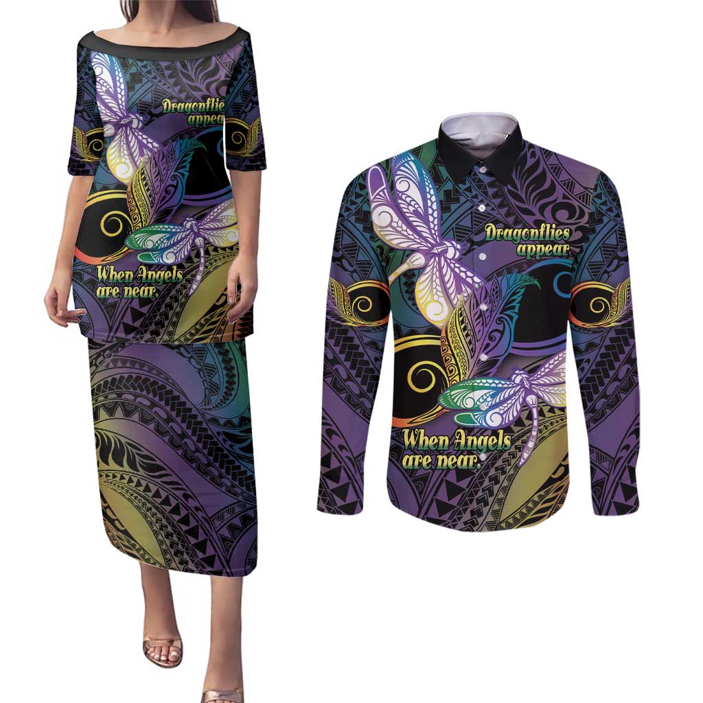 Personalized Polynesian Memorial Couples Matching Puletasi and Long Sleeve Button Shirt Dragonflies Appear When Angels Are Near