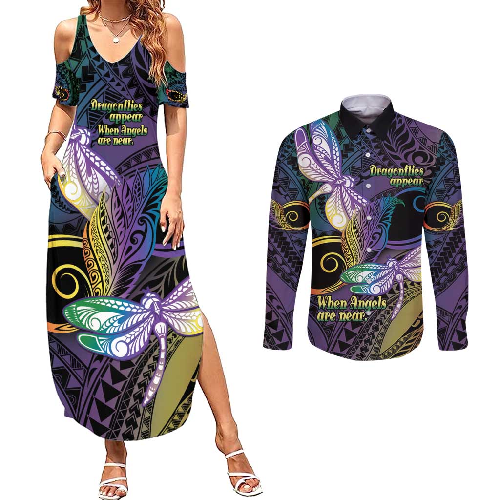 Personalized Polynesian Memorial Couples Matching Summer Maxi Dress and Long Sleeve Button Shirt Dragonflies Appear When Angels Are Near