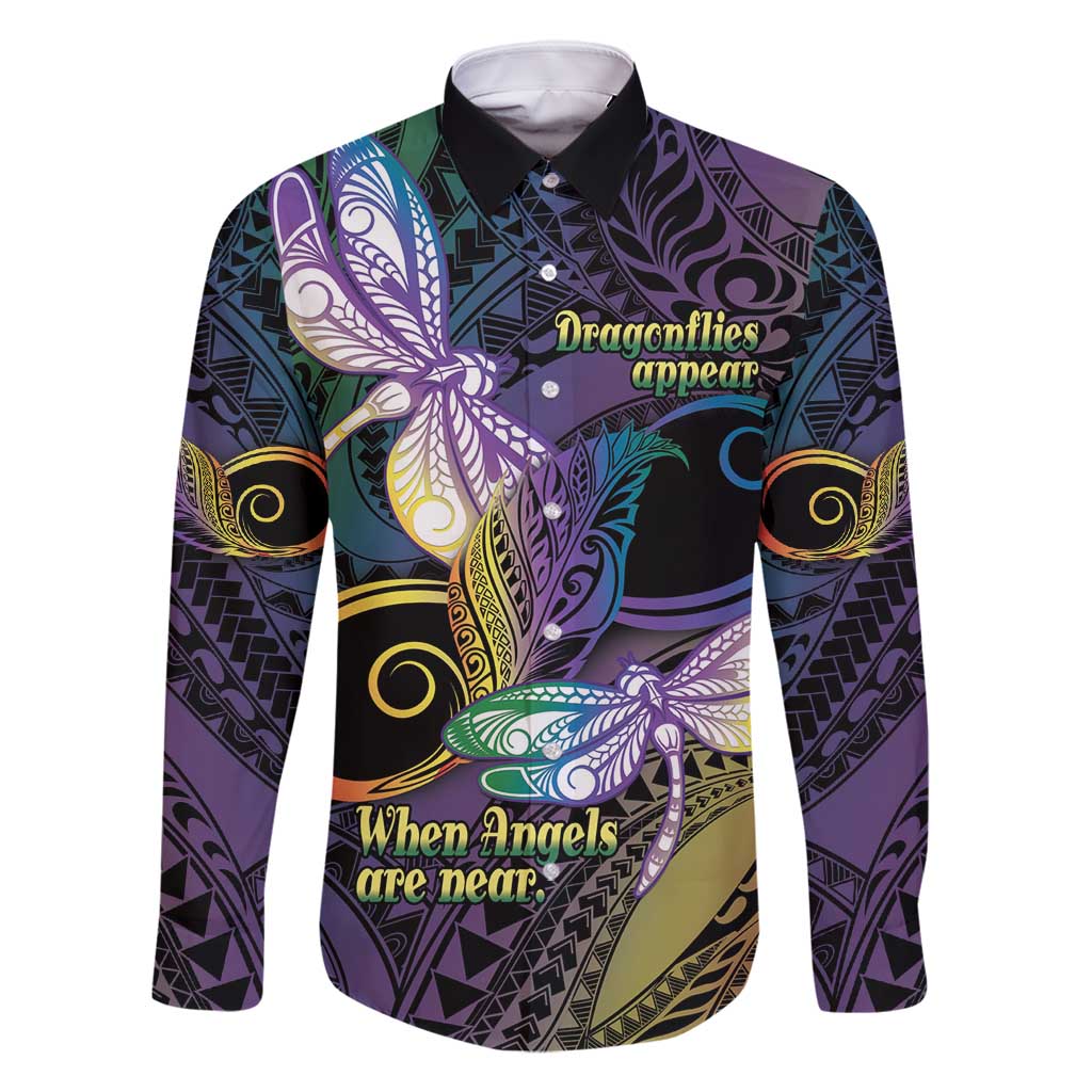 Personalized Polynesian Memorial Family Matching Long Sleeve Bodycon Dress and Hawaiian Shirt Dragonflies Appear When Angels Are Near LT14 Dad's Shirt - Long Sleeve Colorful - Polynesian Pride