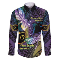 Personalized Polynesian Memorial Family Matching Off The Shoulder Long Sleeve Dress and Hawaiian Shirt Dragonflies Appear When Angels Are Near LT14 Dad's Shirt - Long Sleeve Colorful - Polynesian Pride