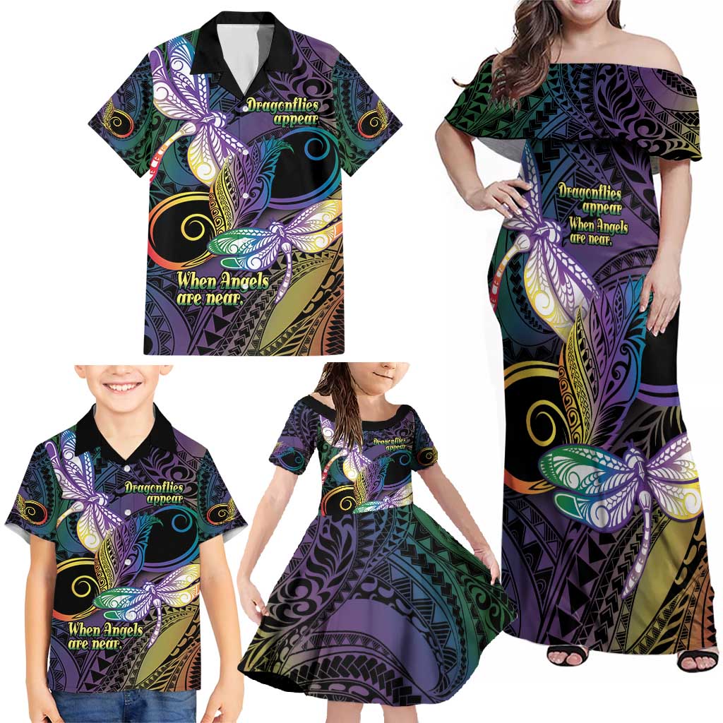 Personalized Polynesian Memorial Family Matching Off Shoulder Maxi Dress and Hawaiian Shirt Dragonflies Appear When Angels Are Near LT14 - Polynesian Pride