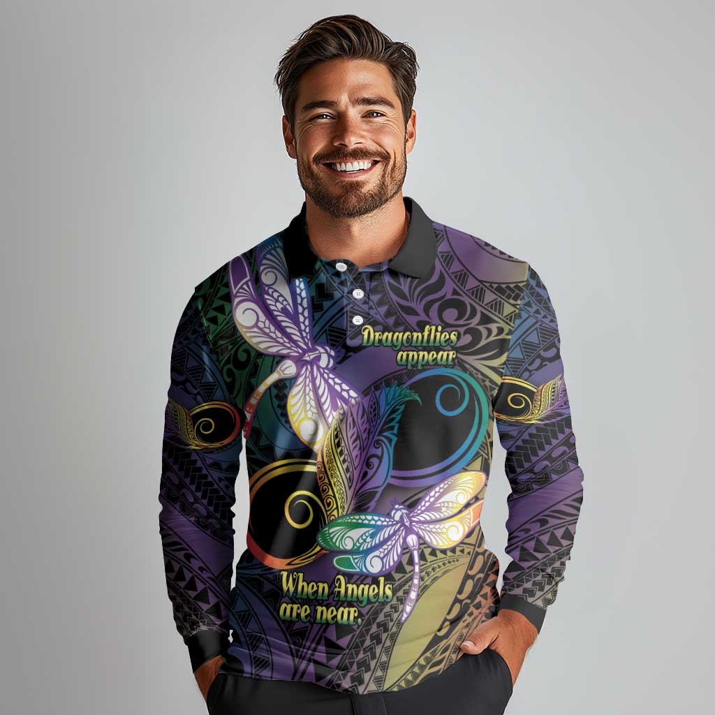 Personalized Polynesian Memorial Long Sleeve Polo Shirt Dragonflies Appear When Angels Are Near