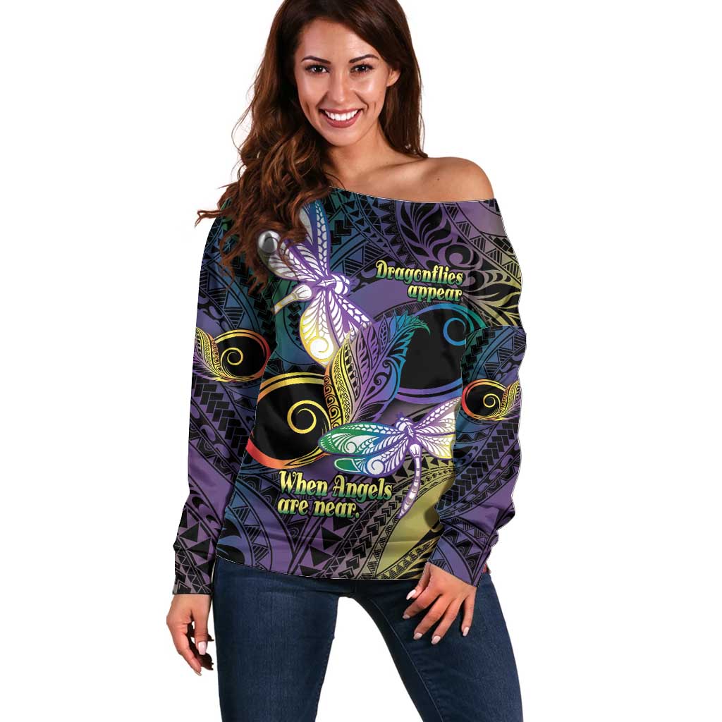 Personalized Polynesian Memorial Off Shoulder Sweater Dragonflies Appear When Angels Are Near LT14 Women Colorful - Polynesian Pride