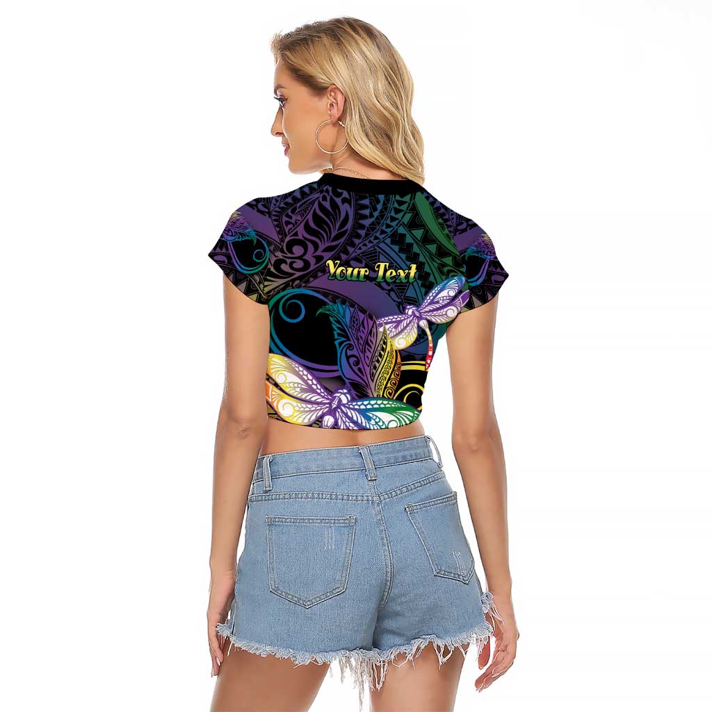 Personalized Polynesian Memorial Raglan Cropped T Shirt Dragonflies Appear When Angels Are Near