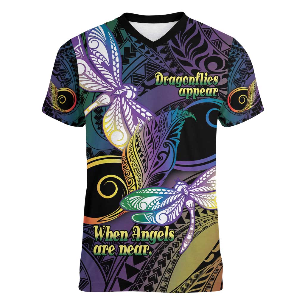 Personalized Polynesian Memorial Women V-Neck T-Shirt Dragonflies Appear When Angels Are Near