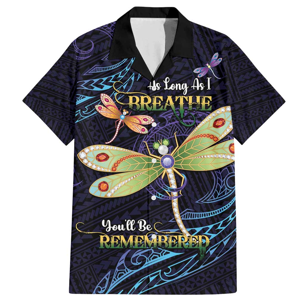 As Long As I Breathe You'll Be Remembered Family Matching Long Sleeve Bodycon Dress and Hawaiian Shirt Dragonflies Memorial - Polynesian Pattern LT14 Dad's Shirt - Short Sleeve Black - Polynesian Pride