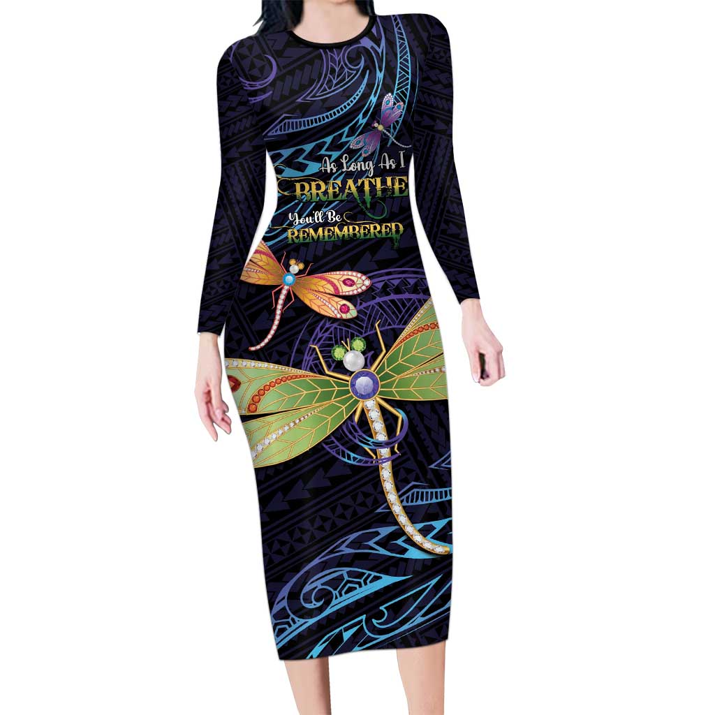 As Long As I Breathe You'll Be Remembered Family Matching Long Sleeve Bodycon Dress and Hawaiian Shirt Dragonflies Memorial - Polynesian Pattern LT14 Mom's Dress Black - Polynesian Pride