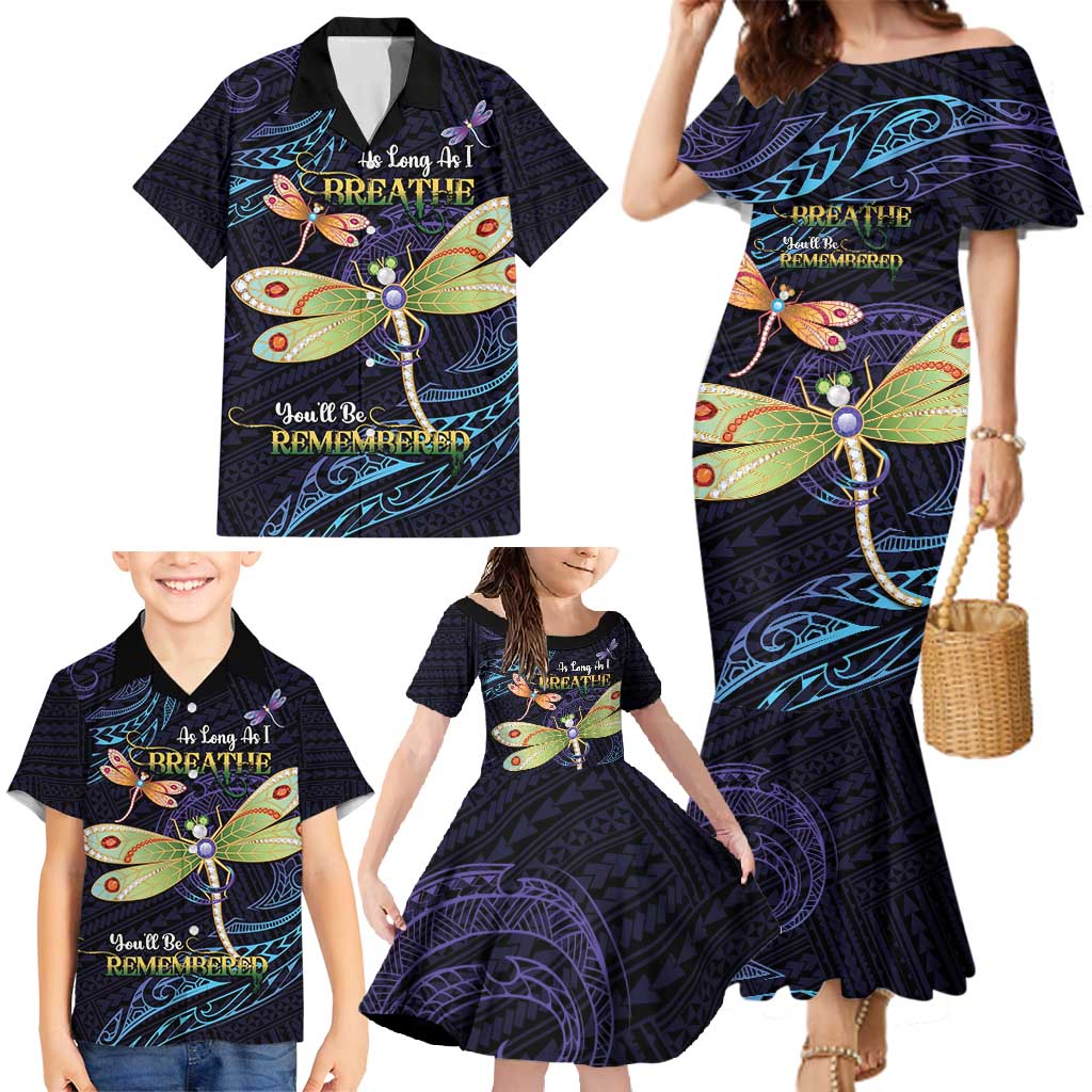 As Long As I Breathe You'll Be Remembered Family Matching Mermaid Dress and Hawaiian Shirt Dragonflies Memorial - Polynesian Pattern LT14 - Polynesian Pride