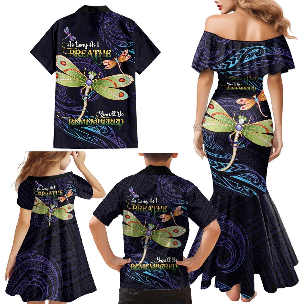 As Long As I Breathe You'll Be Remembered Family Matching Mermaid Dress and Hawaiian Shirt Dragonflies Memorial - Polynesian Pattern LT14 - Polynesian Pride