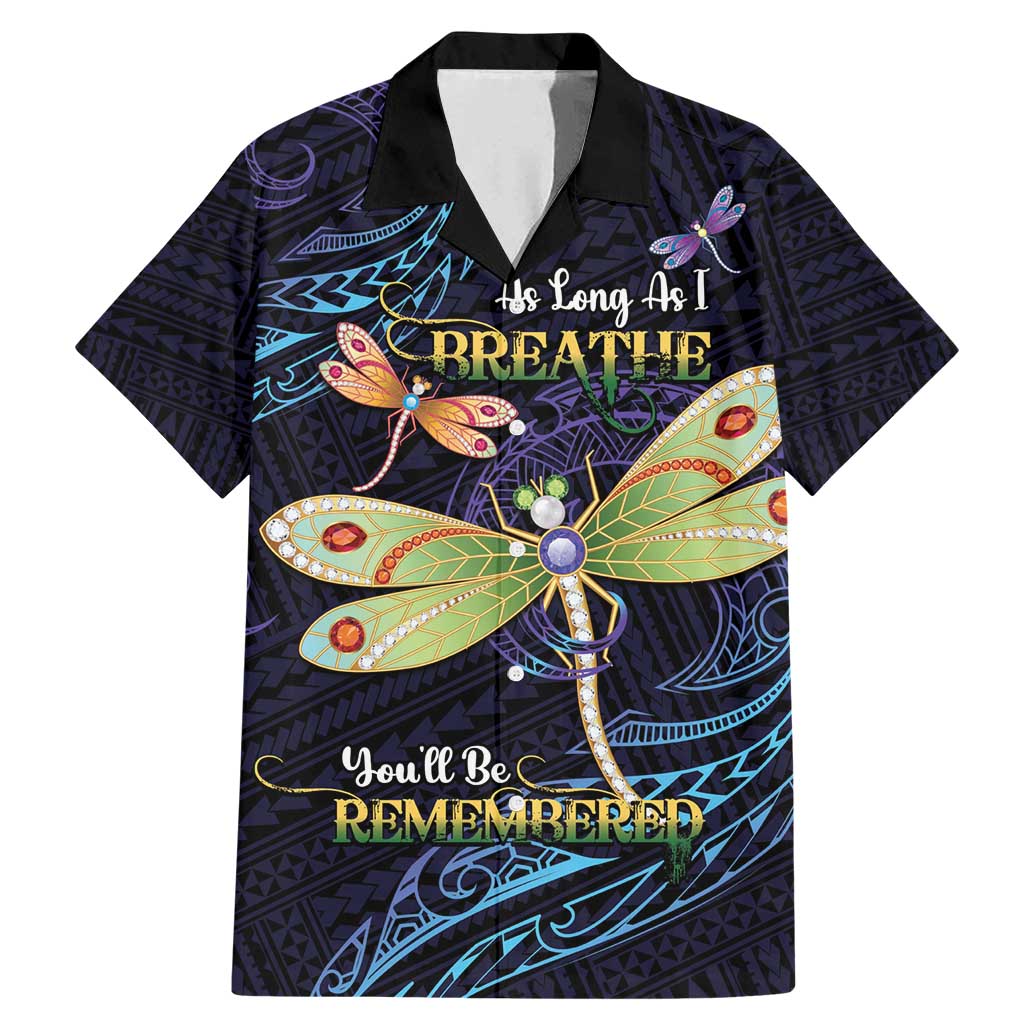 As Long As I Breathe You'll Be Remembered Family Matching Mermaid Dress and Hawaiian Shirt Dragonflies Memorial - Polynesian Pattern LT14 Dad's Shirt - Short Sleeve Black - Polynesian Pride