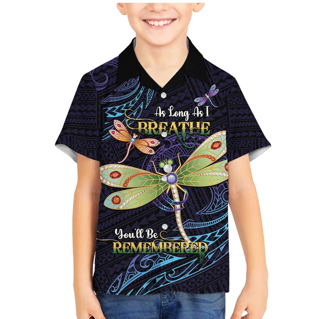 As Long As I Breathe You'll Be Remembered Family Matching Mermaid Dress and Hawaiian Shirt Dragonflies Memorial - Polynesian Pattern LT14 Son's Shirt Black - Polynesian Pride