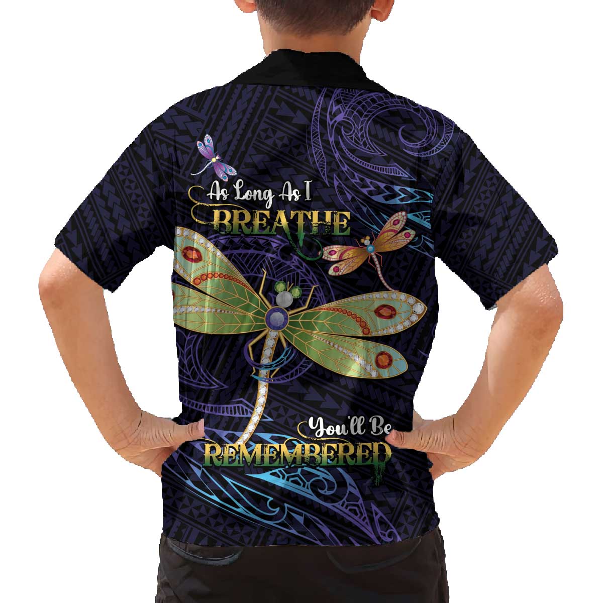 As Long As I Breathe You'll Be Remembered Family Matching Off The Shoulder Long Sleeve Dress and Hawaiian Shirt Dragonflies Memorial - Polynesian Pattern LT14 - Polynesian Pride