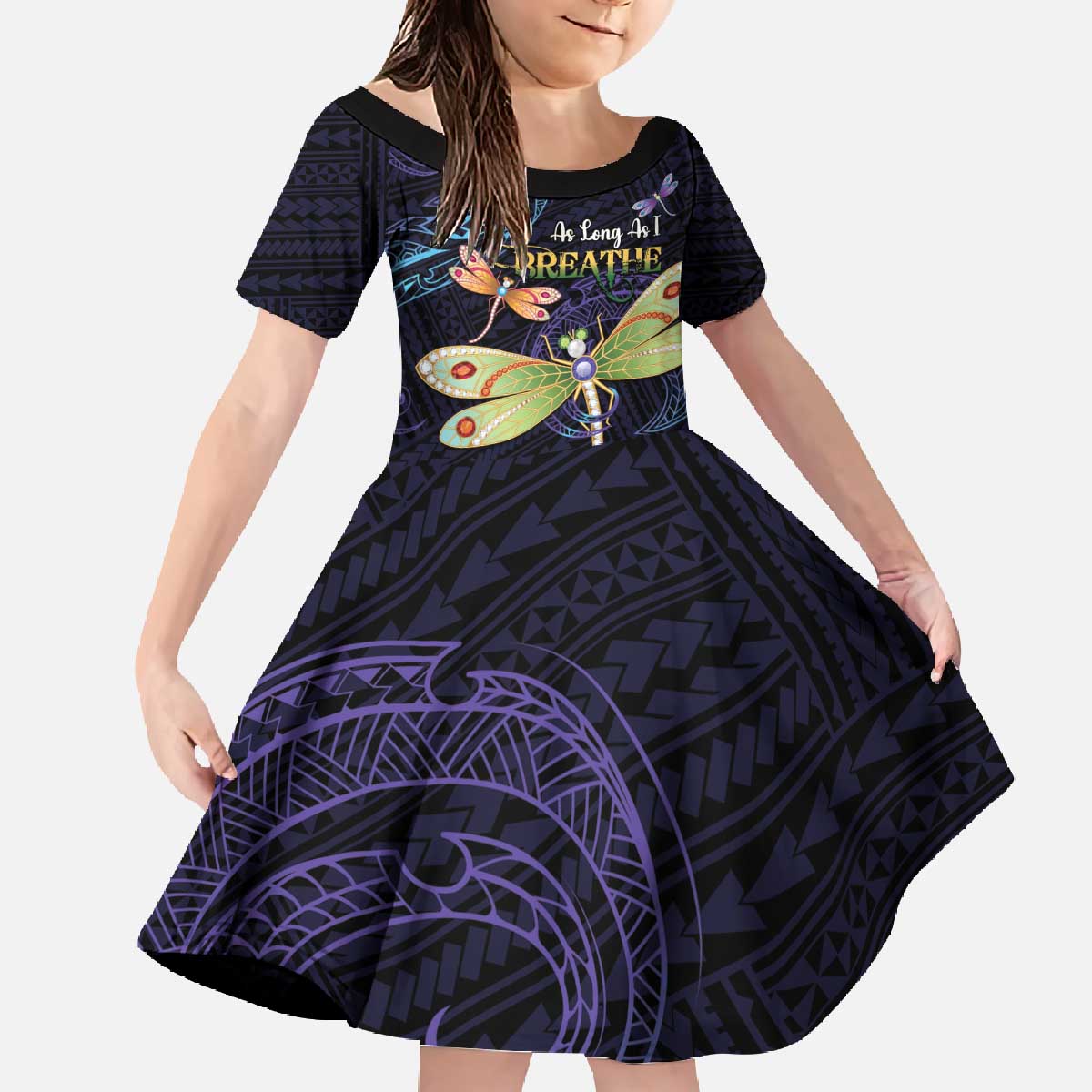 As Long As I Breathe You'll Be Remembered Family Matching Off The Shoulder Long Sleeve Dress and Hawaiian Shirt Dragonflies Memorial - Polynesian Pattern LT14 Daughter's Dress Black - Polynesian Pride