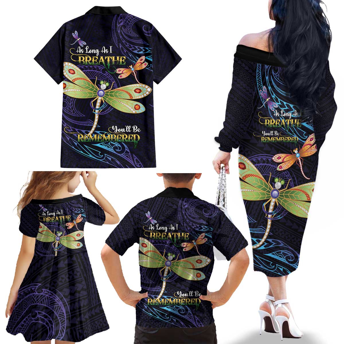 As Long As I Breathe You'll Be Remembered Family Matching Off The Shoulder Long Sleeve Dress and Hawaiian Shirt Dragonflies Memorial - Polynesian Pattern LT14 - Polynesian Pride