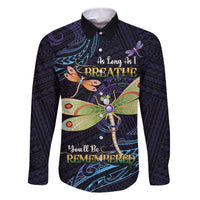 As Long As I Breathe You'll Be Remembered Family Matching Off The Shoulder Long Sleeve Dress and Hawaiian Shirt Dragonflies Memorial - Polynesian Pattern LT14 Dad's Shirt - Long Sleeve Black - Polynesian Pride