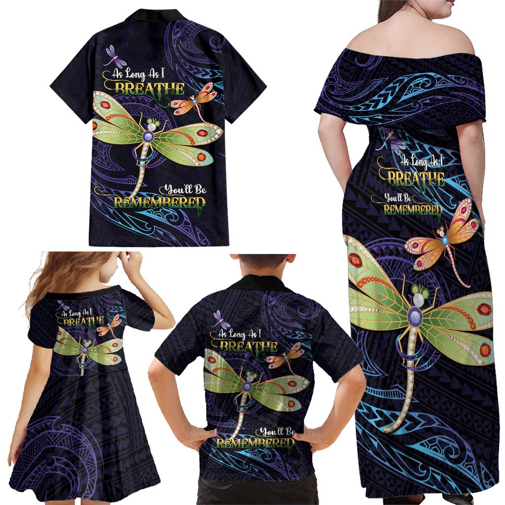 As Long As I Breathe You'll Be Remembered Family Matching Off Shoulder Maxi Dress and Hawaiian Shirt Dragonflies Memorial - Polynesian Pattern