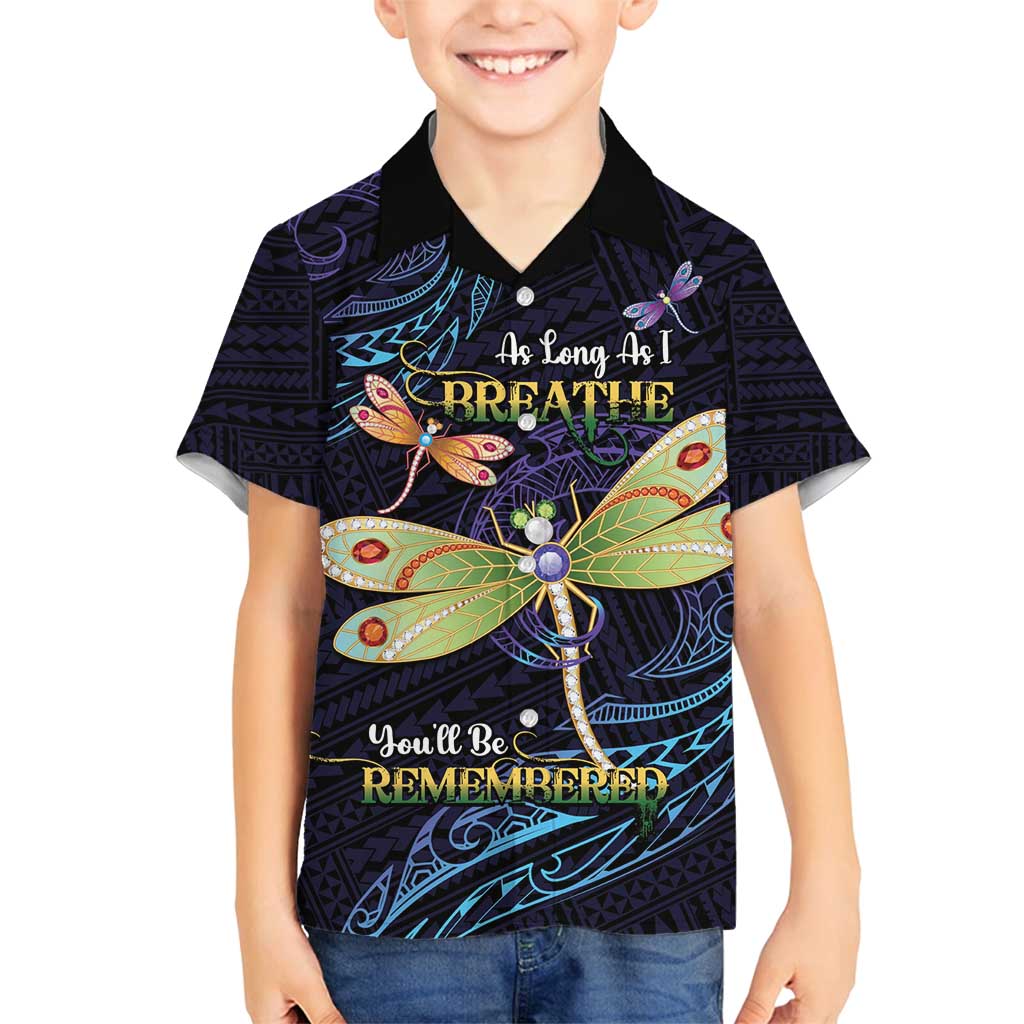 As Long As I Breathe You'll Be Remembered Family Matching Off Shoulder Short Dress and Hawaiian Shirt Dragonflies Memorial - Polynesian Pattern LT14 Son's Shirt Black - Polynesian Pride