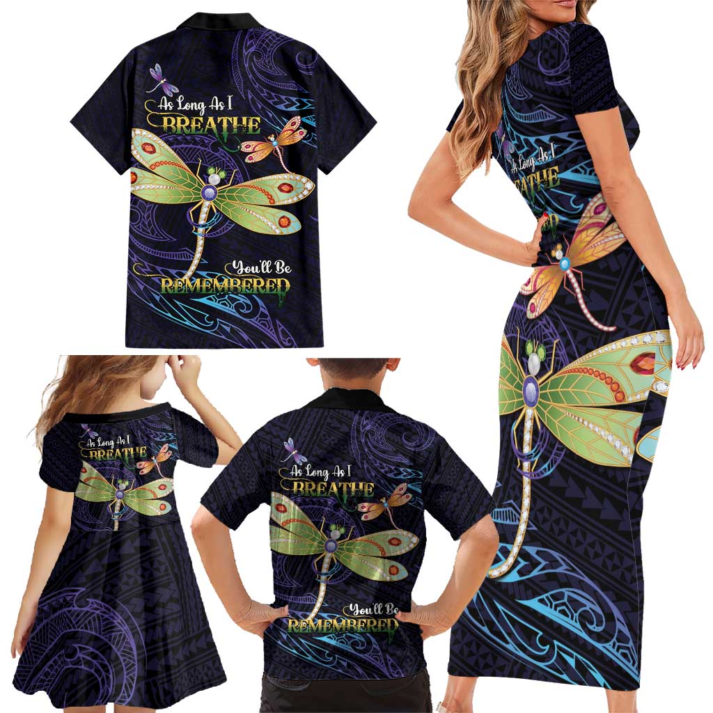 As Long As I Breathe You'll Be Remembered Family Matching Short Sleeve Bodycon Dress and Hawaiian Shirt Dragonflies Memorial - Polynesian Pattern LT14 - Polynesian Pride
