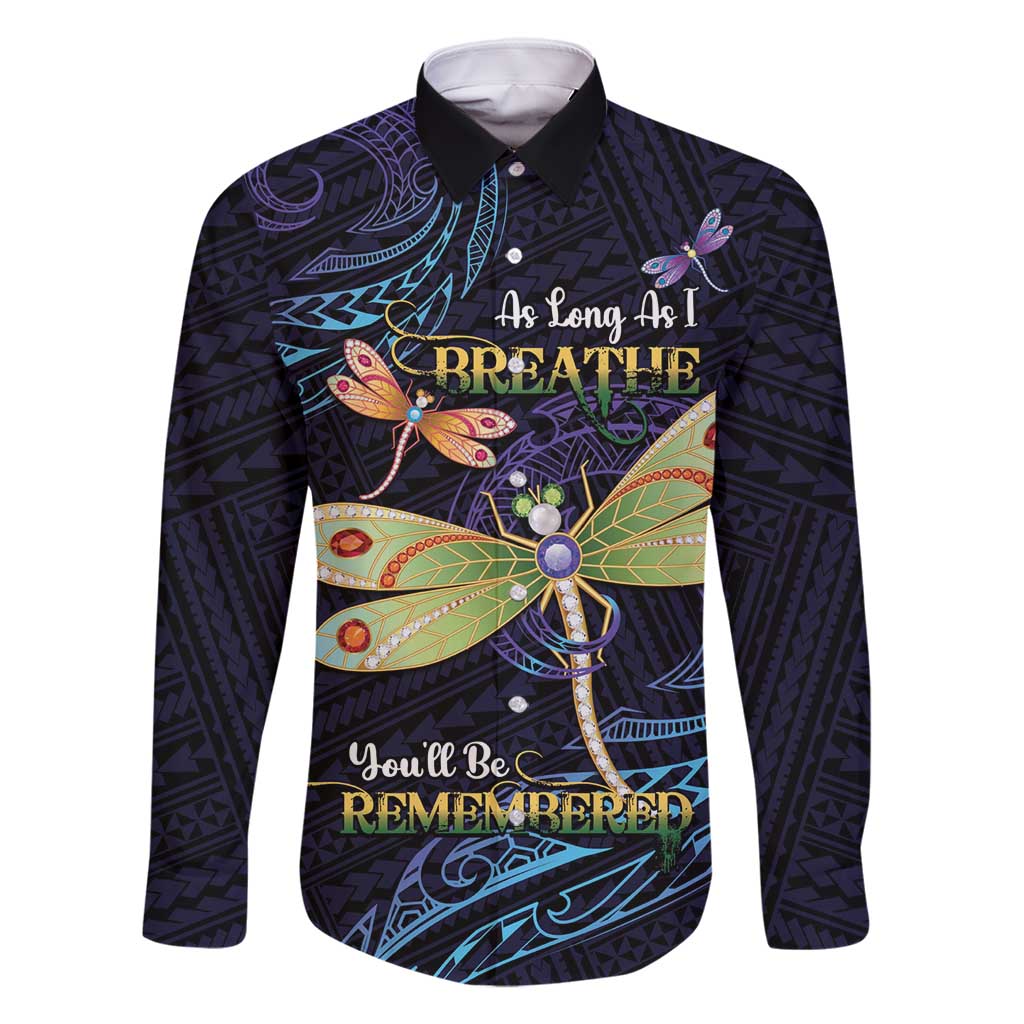 As Long As I Breathe You'll Be Remembered Family Matching Tank Maxi Dress and Hawaiian Shirt Dragonflies Memorial - Polynesian Pattern LT14 Dad's Shirt - Long Sleeve Black - Polynesian Pride
