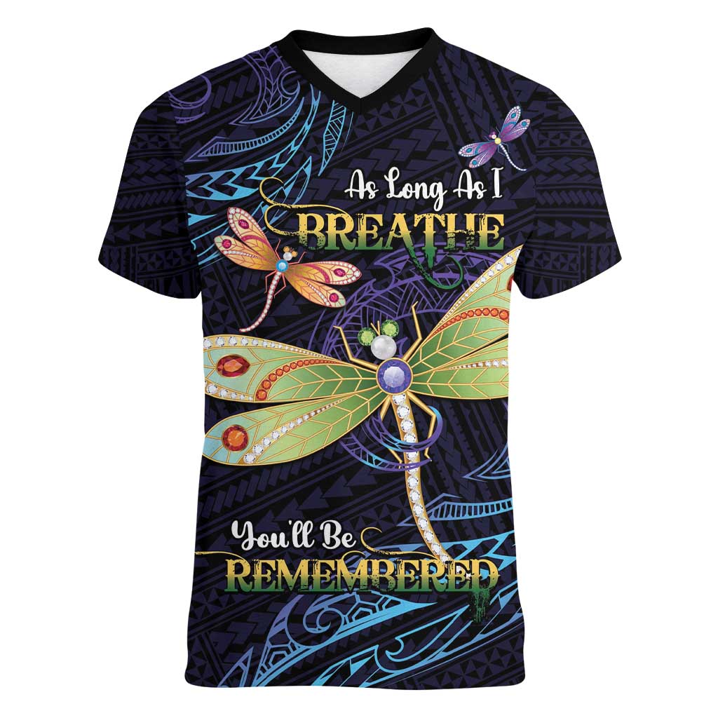 As Long As I Breathe You'll Be Remembered Women V-Neck T-Shirt Dragonflies Memorial - Polynesian Pattern