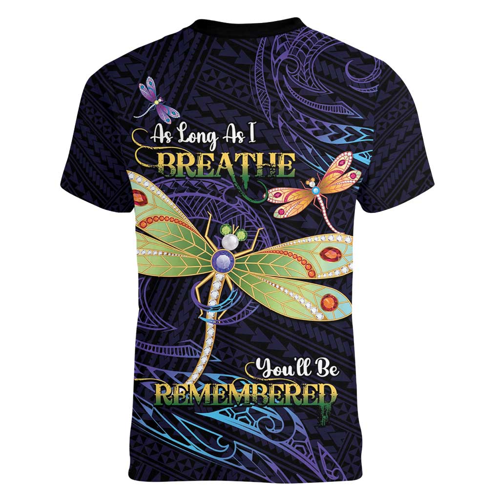 As Long As I Breathe You'll Be Remembered Women V-Neck T-Shirt Dragonflies Memorial - Polynesian Pattern