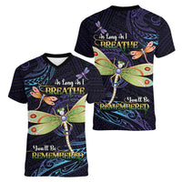 As Long As I Breathe You'll Be Remembered Women V-Neck T-Shirt Dragonflies Memorial - Polynesian Pattern