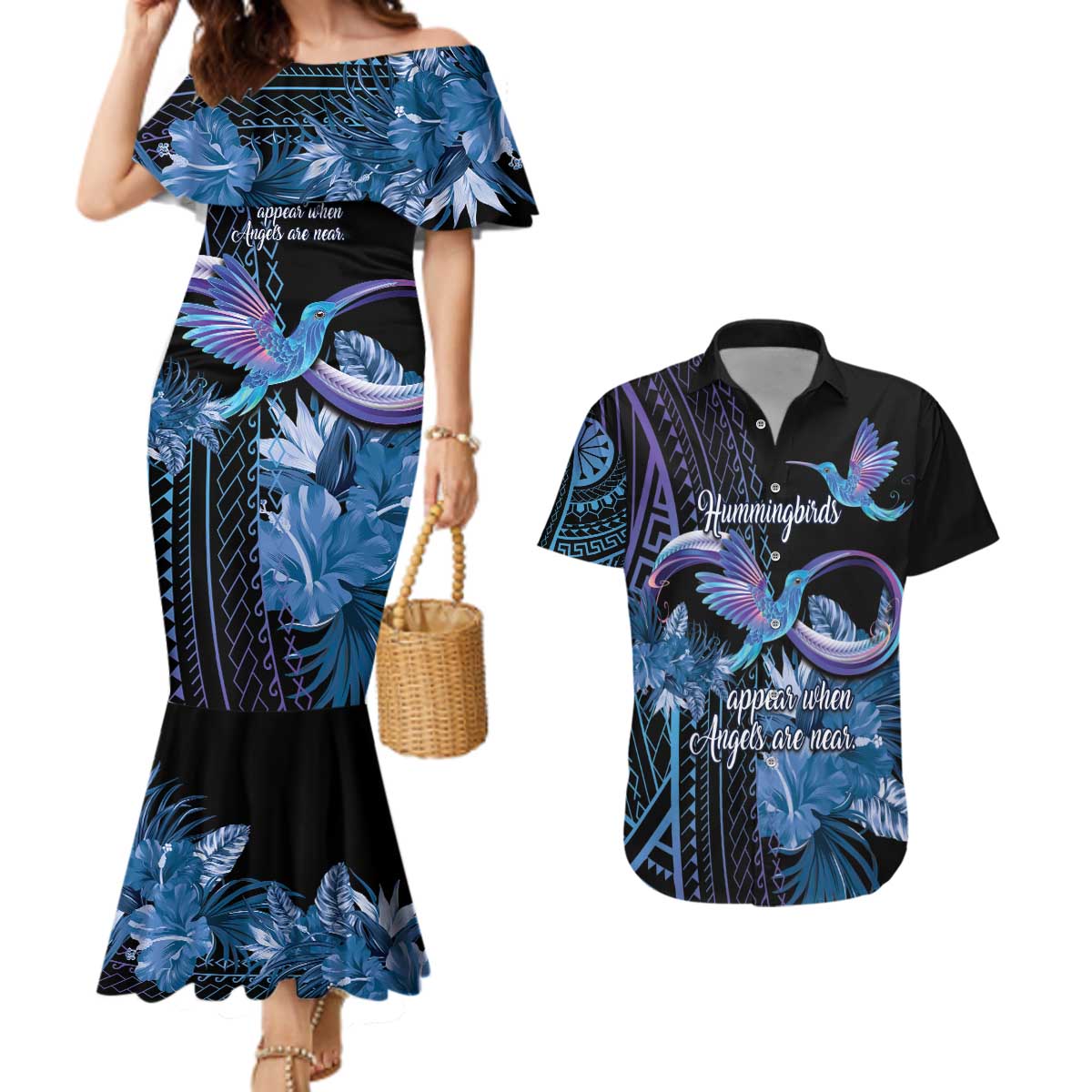 Polynesian Memorial Couples Matching Mermaid Dress and Hawaiian Shirt Hummingbirds Appear When Angels Are Near LT14 Black - Polynesian Pride