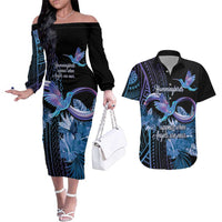 Polynesian Memorial Couples Matching Off The Shoulder Long Sleeve Dress and Hawaiian Shirt Hummingbirds Appear When Angels Are Near LT14 Black - Polynesian Pride