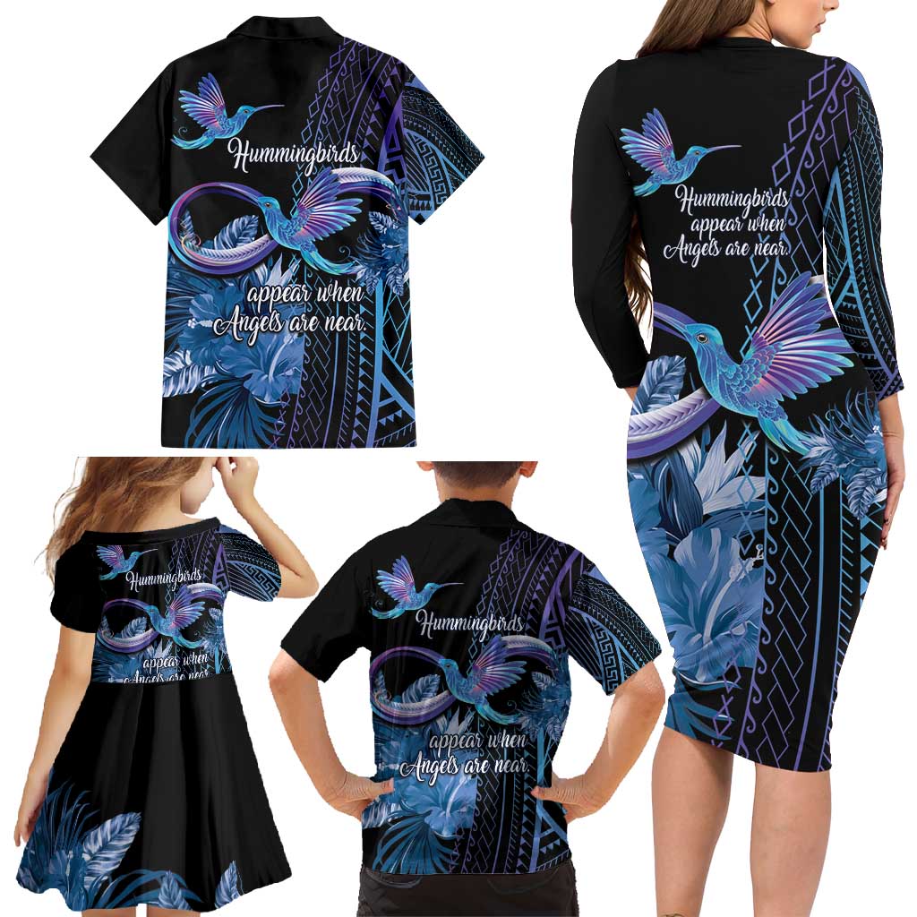 Polynesian Memorial Family Matching Long Sleeve Bodycon Dress and Hawaiian Shirt Hummingbirds Appear When Angels Are Near LT14 - Polynesian Pride
