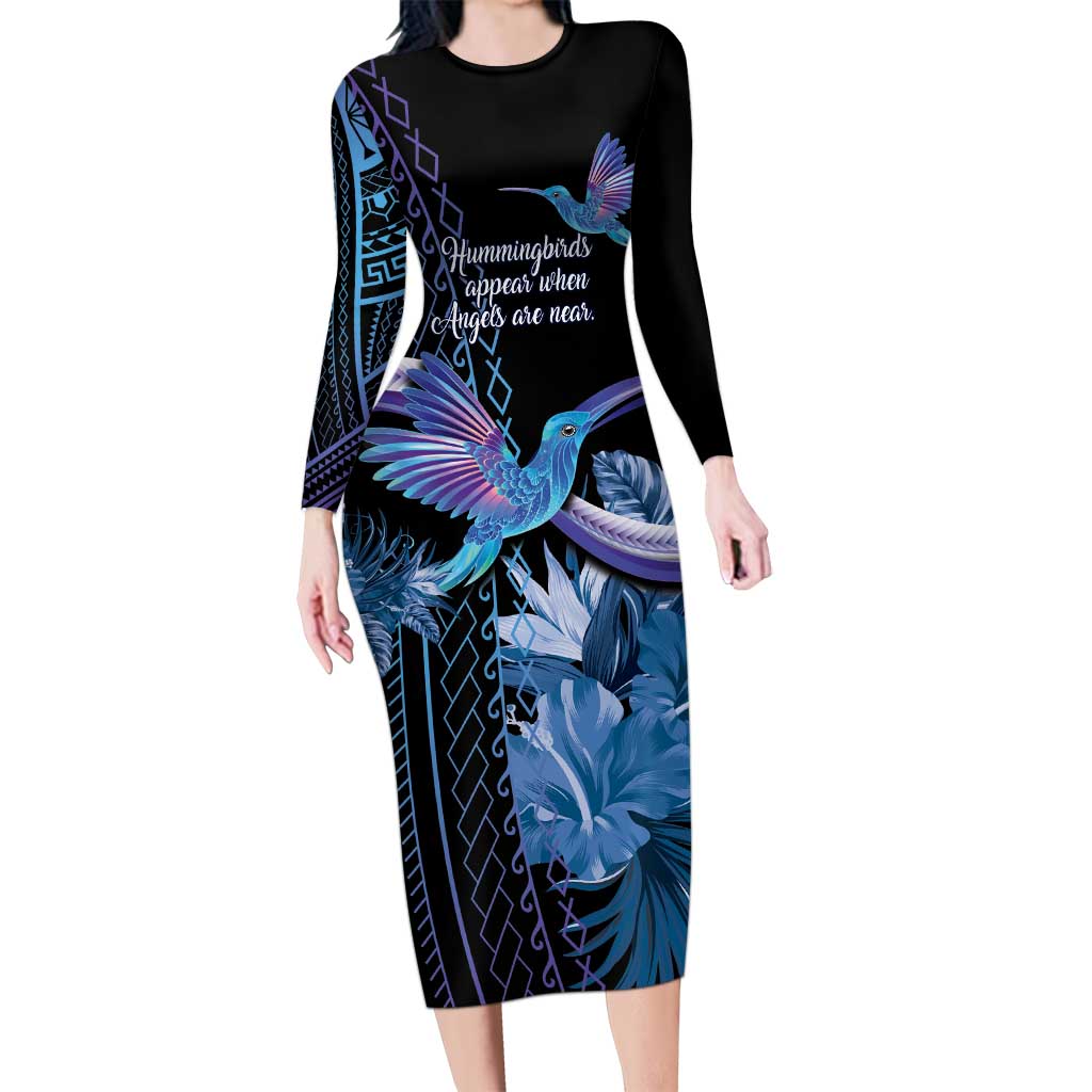 Polynesian Memorial Family Matching Long Sleeve Bodycon Dress and Hawaiian Shirt Hummingbirds Appear When Angels Are Near LT14 Mom's Dress Black - Polynesian Pride