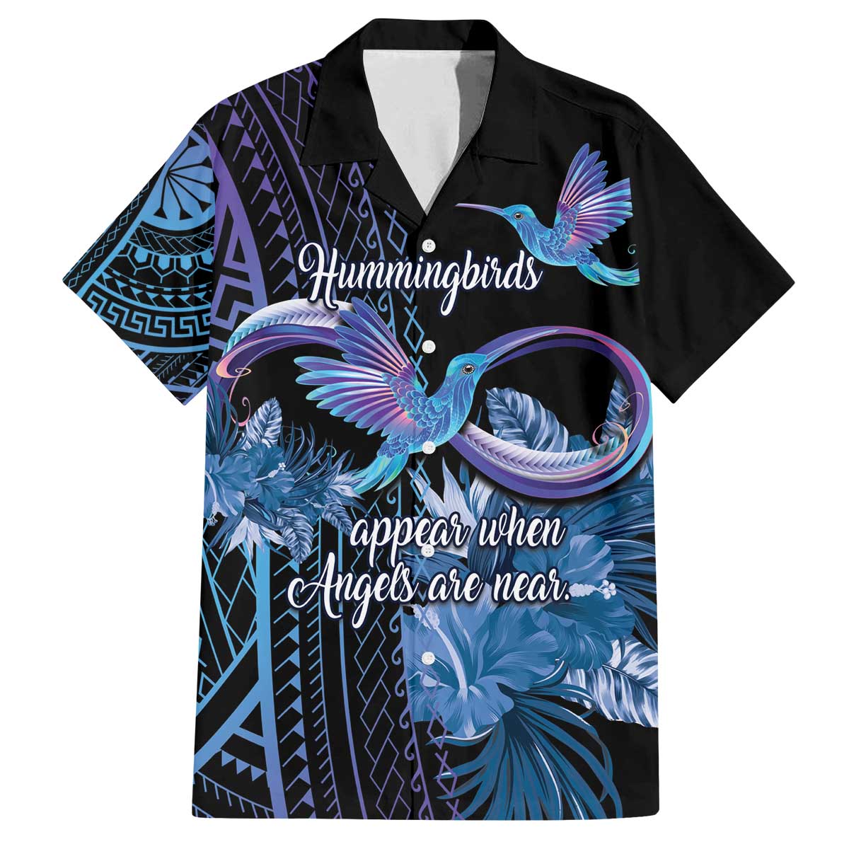 Polynesian Memorial Family Matching Off The Shoulder Long Sleeve Dress and Hawaiian Shirt Hummingbirds Appear When Angels Are Near LT14 Dad's Shirt - Short Sleeve Black - Polynesian Pride