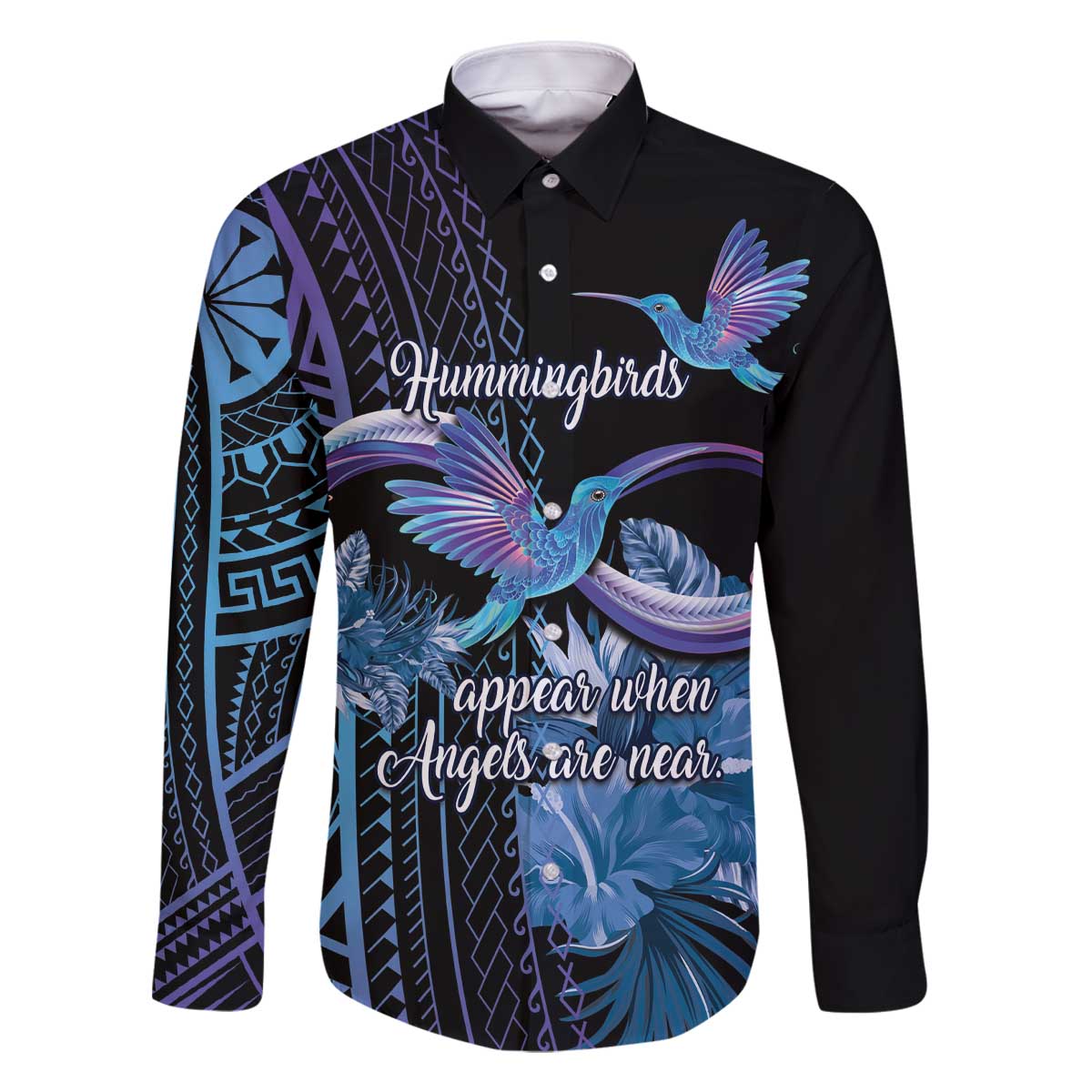 Polynesian Memorial Family Matching Off The Shoulder Long Sleeve Dress and Hawaiian Shirt Hummingbirds Appear When Angels Are Near LT14 Dad's Shirt - Long Sleeve Black - Polynesian Pride