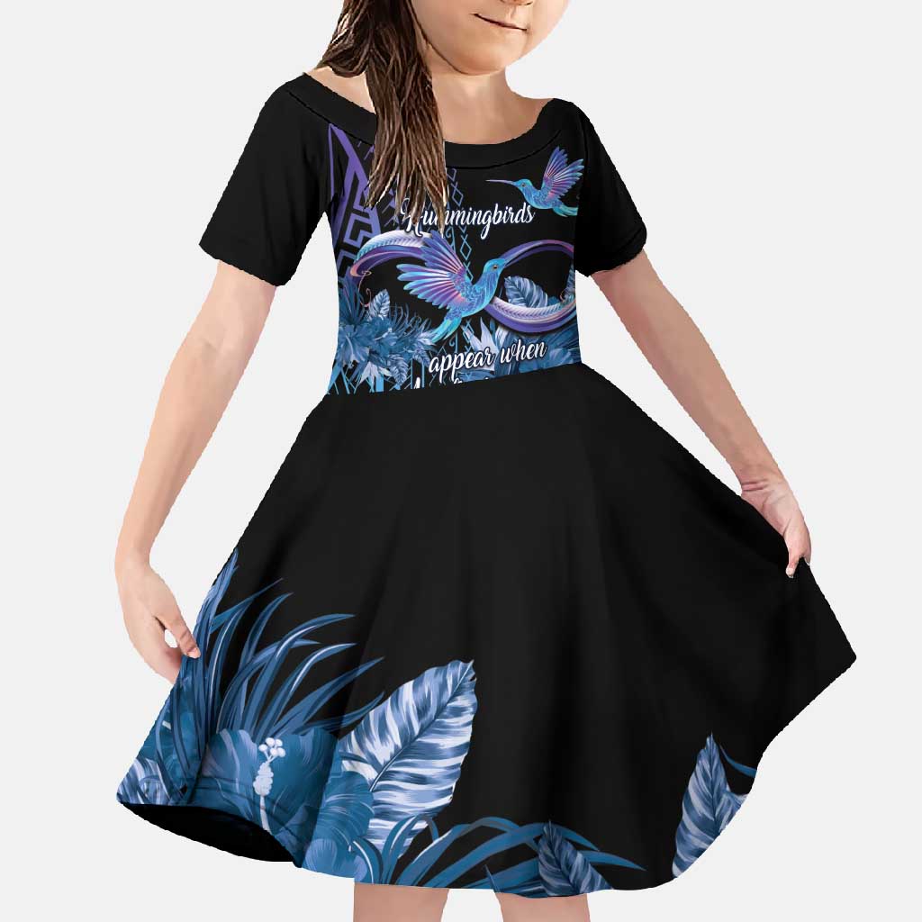 Polynesian Memorial Family Matching Off Shoulder Maxi Dress and Hawaiian Shirt Hummingbirds Appear When Angels Are Near LT14 Daughter's Dress Black - Polynesian Pride