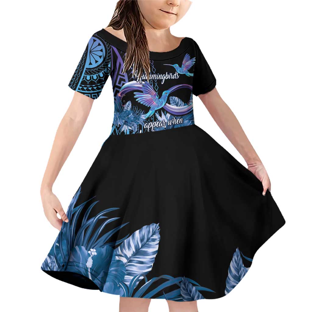 Polynesian Memorial Family Matching Off Shoulder Short Dress and Hawaiian Shirt Hummingbirds Appear When Angels Are Near LT14 Daughter's Dress Black - Polynesian Pride