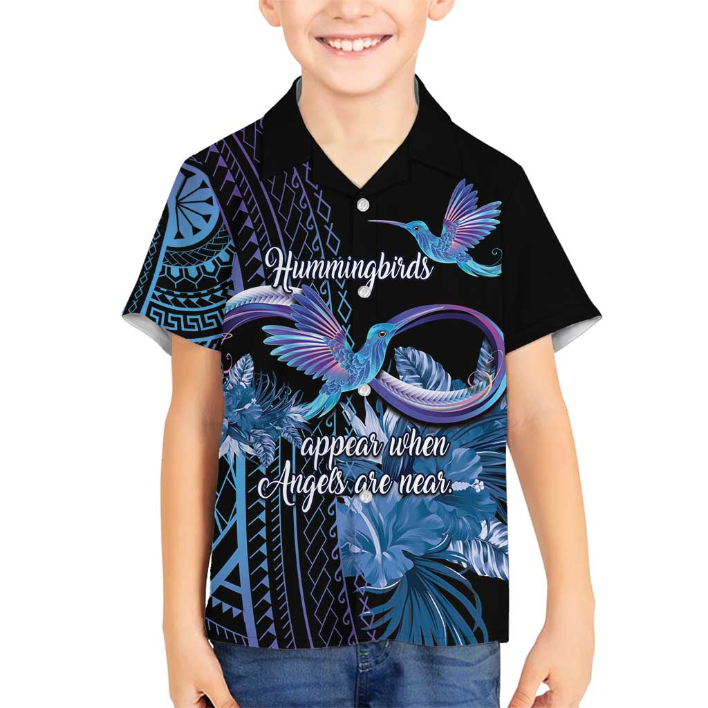 Polynesian Memorial Family Matching Off Shoulder Short Dress and Hawaiian Shirt Hummingbirds Appear When Angels Are Near LT14 Son's Shirt Black - Polynesian Pride