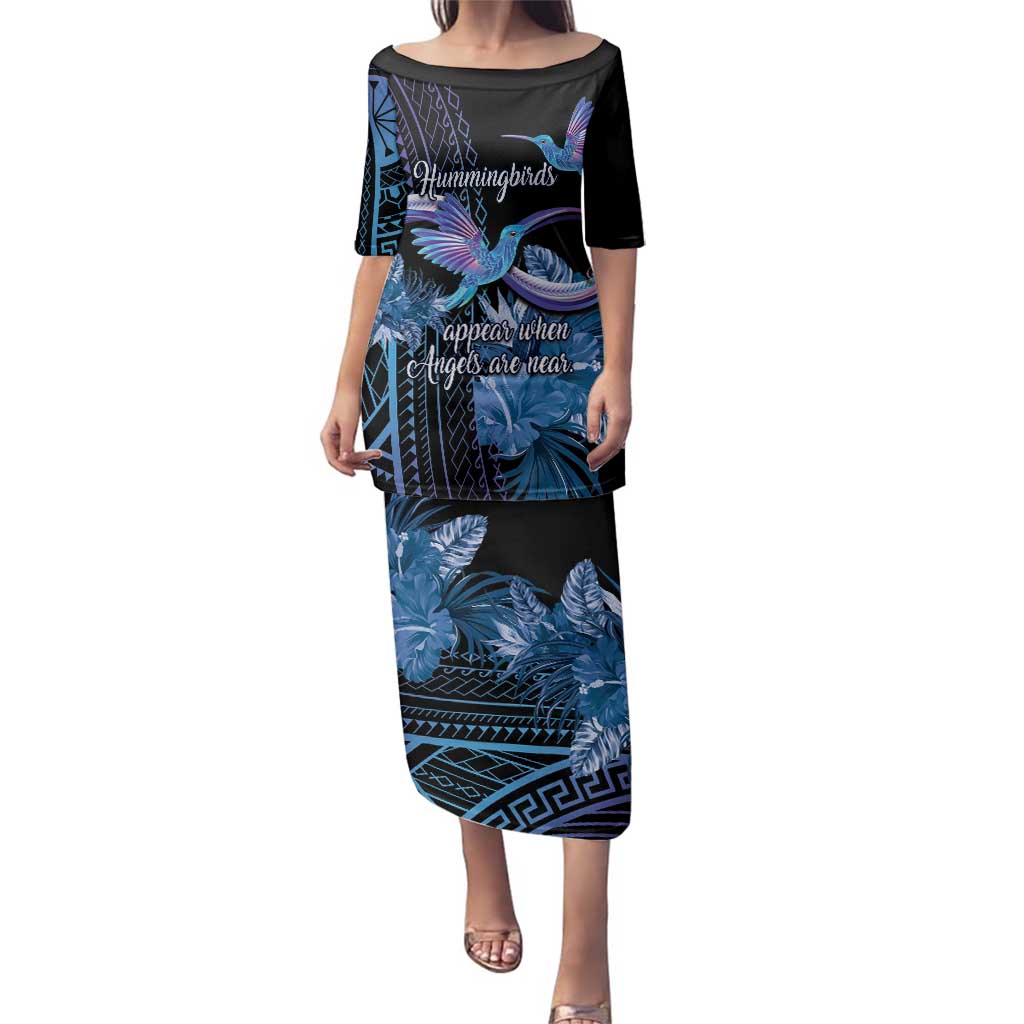 Polynesian Memorial Family Matching Puletasi and Hawaiian Shirt Hummingbirds Appear When Angels Are Near LT14 Mom's Dress Black - Polynesian Pride