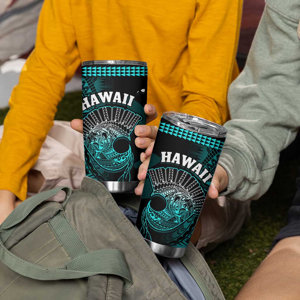 Hawaii Tumbler Cup Kakau Warrior Helmet Gradient Turquoise Polynesian