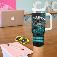 Hawaii Tumbler With Handle Kakau Warrior Helmet Gradient Turquoise Polynesian